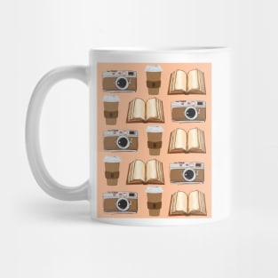 Camera, Coffee, and Books Pattern Mug